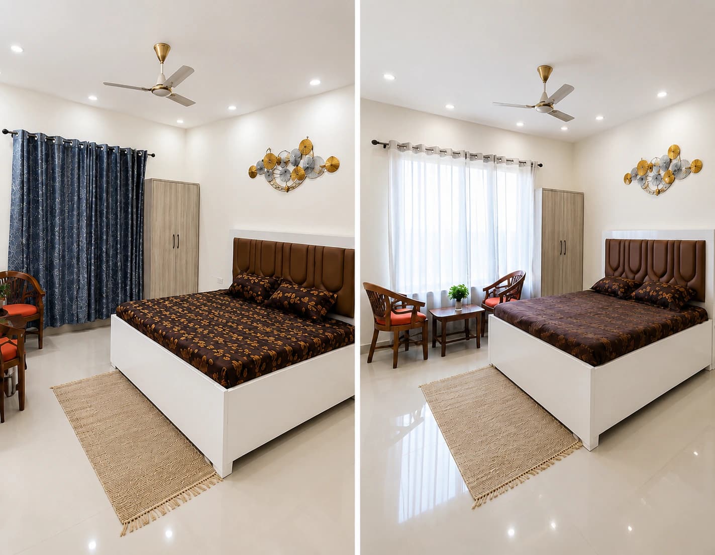 Two views of a bedroom with a padded headboard, wardrobe, woven rug and window seating