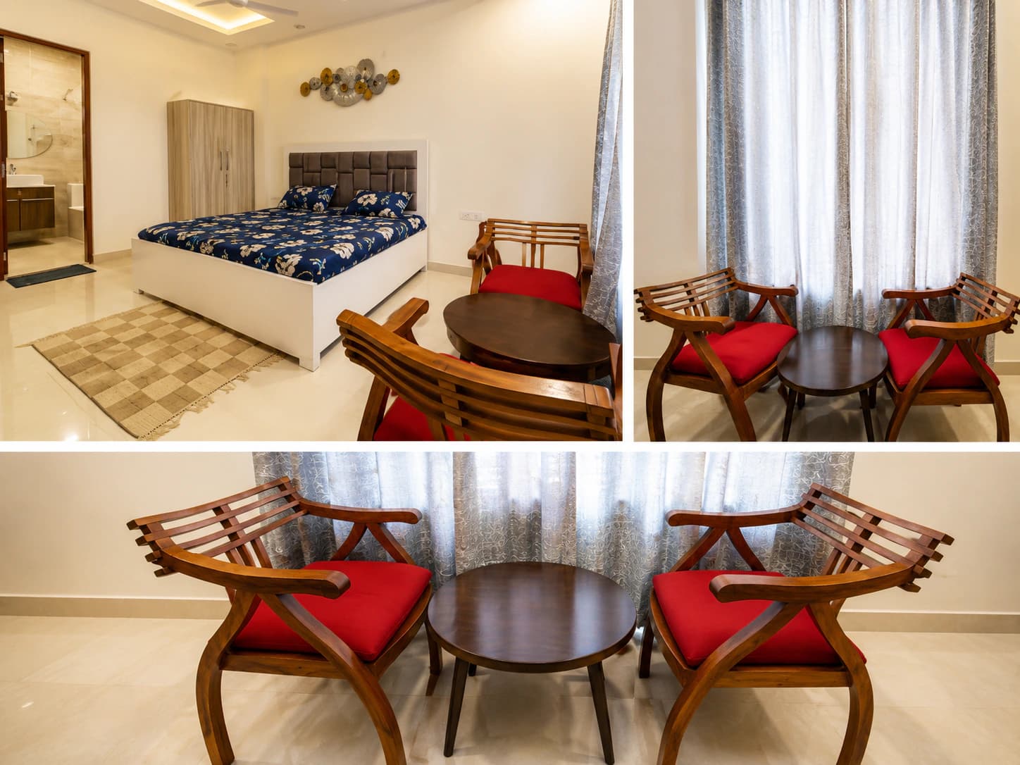 Three views of a bedroom with an en-suite bathroom and a pair of red-cushioned chairs by the window