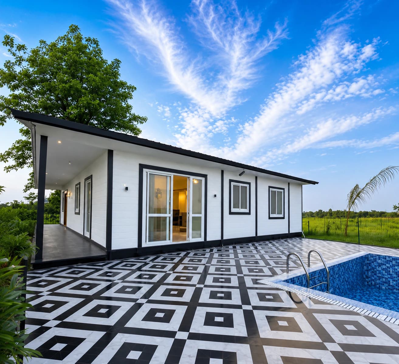 Patterned poolside deck beside the residence, with the tiled pool and open fields beyond